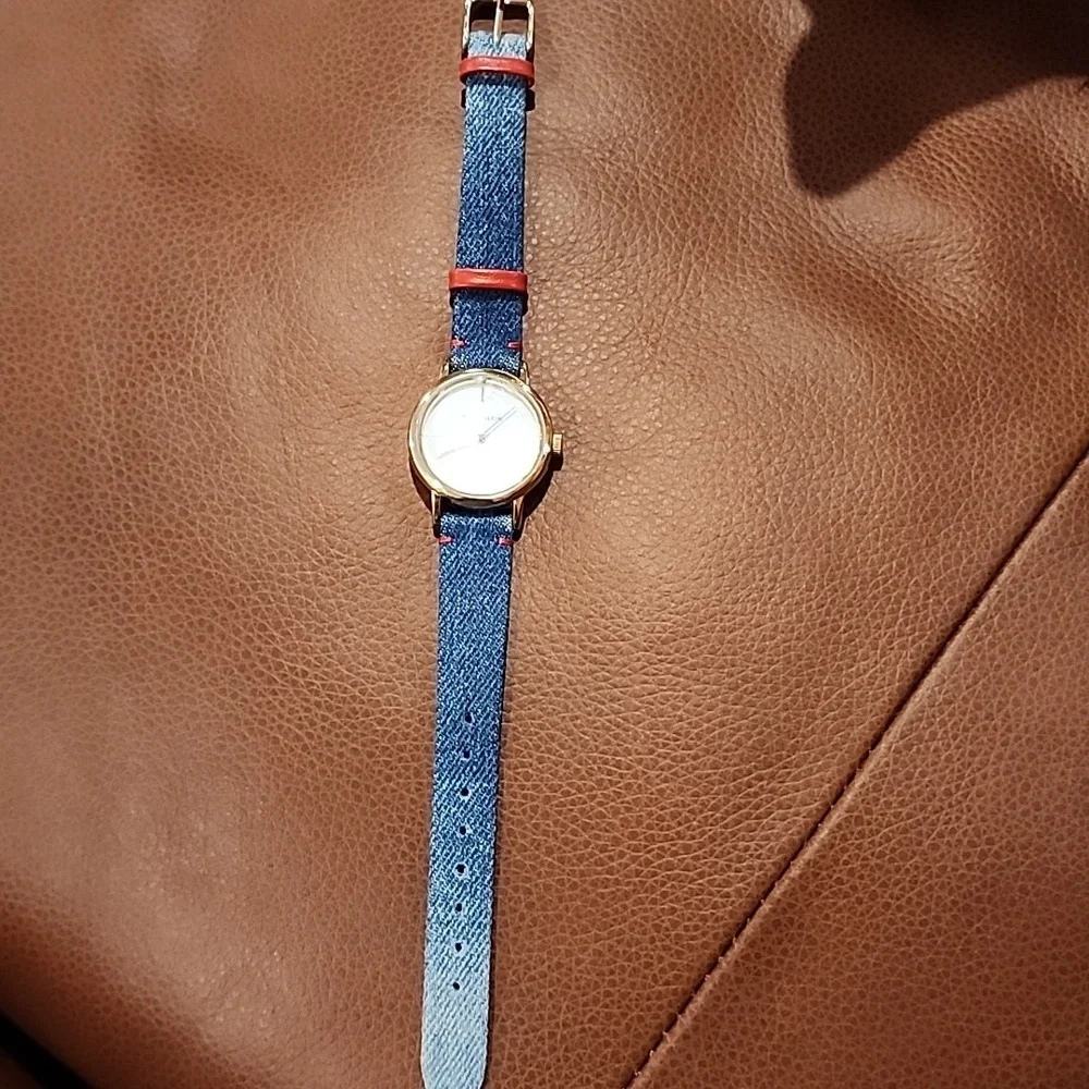 Anne Klein Gold Watch with Denim Blue And Red Strap Ladies Watch